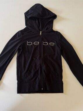 bebe Black Hooded Zip Jacket with Studded Logo